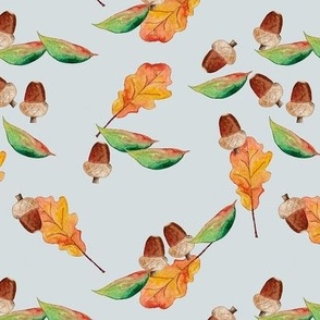 Hand Painted Autumn Leaves And Acorns Light Blue Medium