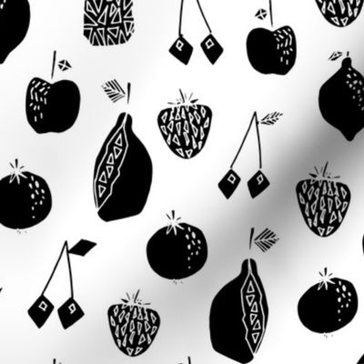 Fruits fabric - black and white fruits fabric, fruit pattern, fruits,, pineapple fabric