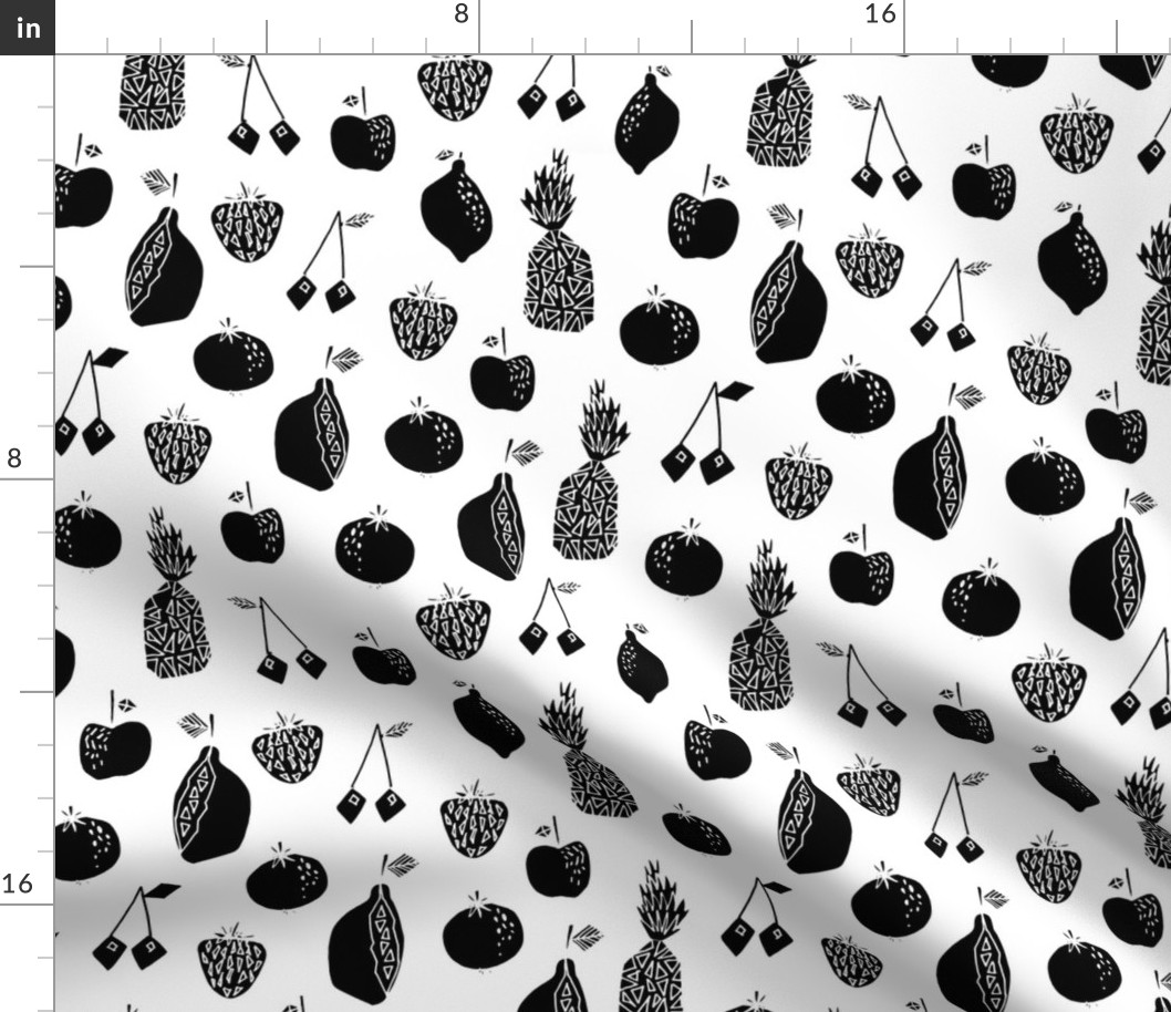 Fruits fabric - black and white fruits fabric, fruit pattern, fruits,, pineapple fabric