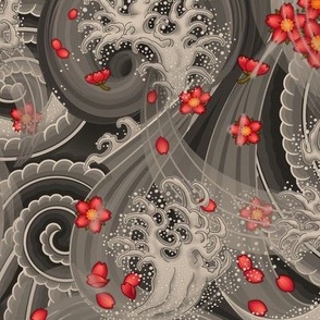 ★ SAKURA ★ Red Cherry Blossom Japanese Tattoo / Vintage Sepia - Large Scale / Collection : Irezumi - Japanese Tattoo Prints