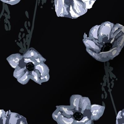 Black and blue Anemones flowers print