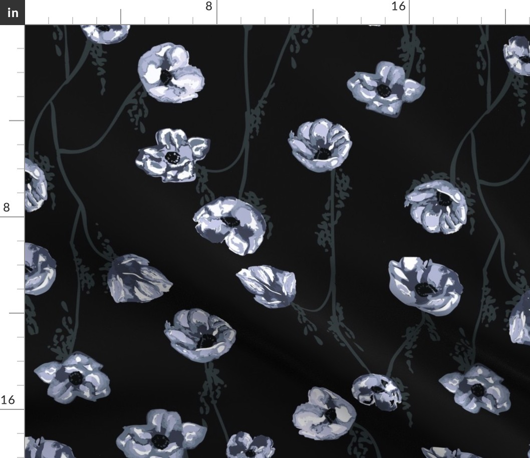 Black and blue Anemones flowers print