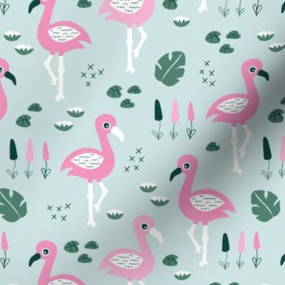 Flamingo love sweet jungle paradise and river summer print girlspink mint green