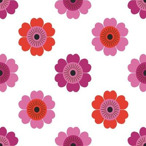 70s flower fabric - daisy fabric, retro 70s fabric, retro floral fabric, retro fabric, vintage 70s fabric, 70s style - red and pink on white