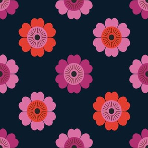 70s flower fabric - daisy fabric, retro 70s fabric, retro floral fabric, retro fabric, vintage 70s fabric, 70s style - red and pink