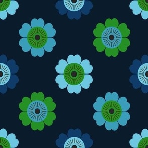 70s flower fabric - daisy fabric, retro 70s fabric, retro floral fabric, retro fabric, vintage 70s fabric, 70s style - navy