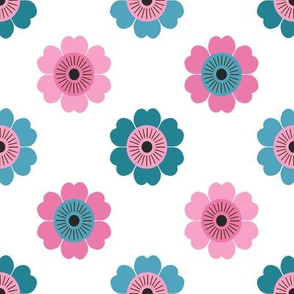 70s flower fabric - daisy fabric, retro 70s fabric, retro floral fabric, retro fabric, vintage 70s fabric, 70s style - pink and aqua