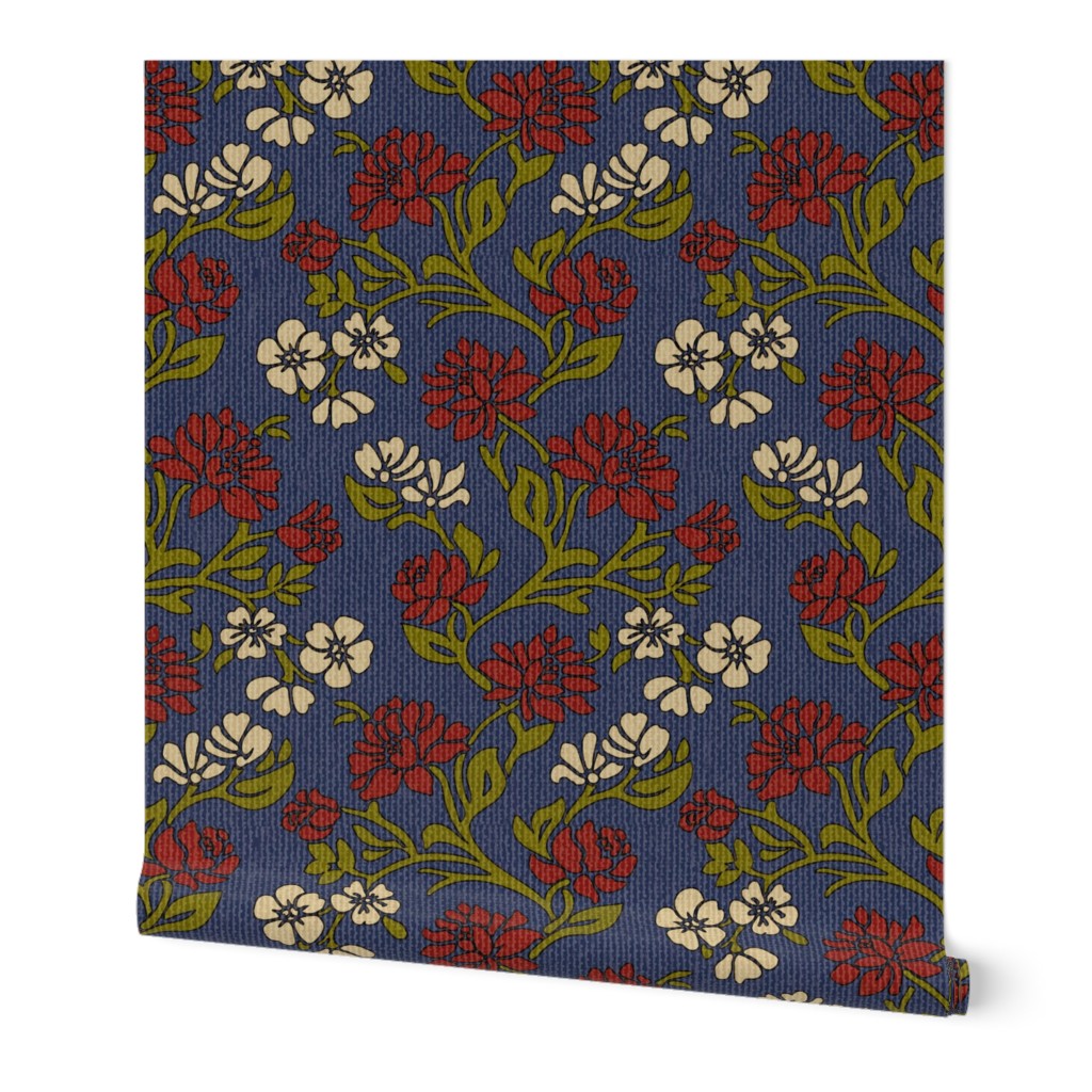 Vintage floral textured navy blue Victorian Wallpaper