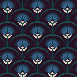 Dark abstract flower bed in maroon, blue and green