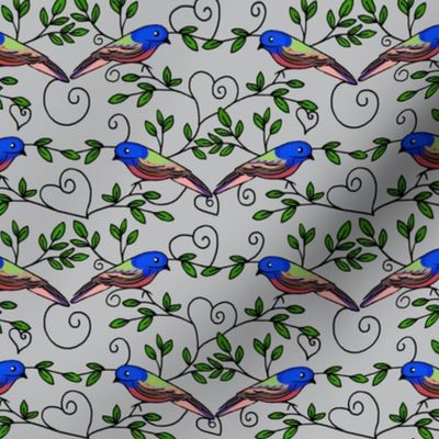 Painted Bunting Love /Grey / Bird & Heart Scrolls  small med or large  