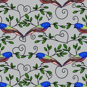 Painted Bunting Love /Grey / Bird & Heart Scrolls  small med or large  
