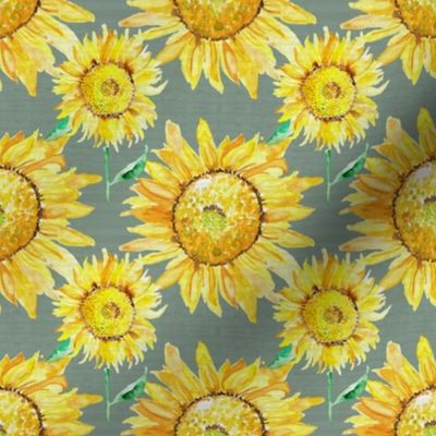 19-03A Sunflower Watercolor Floral Gray Green Wood