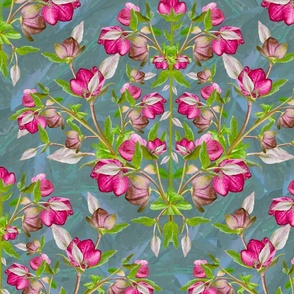 Vibrant  Pink and Green Cottagecore Floral, Dramatic Botanic Hellebore Flower Garden on Blue Wash