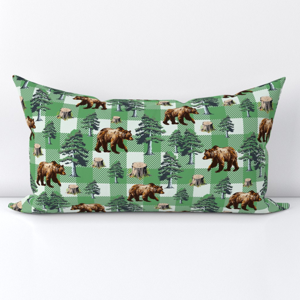 Green Buffalo Plaid, Brown Bear Pine Tree Forest, Cozy Cabin Lumberjack Gingham Check