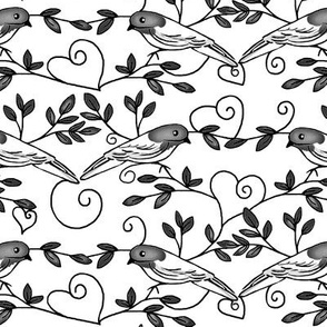 Painted Bunting Love / Black & White - heart scrolls & Branches   