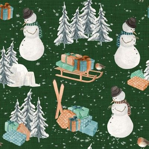 Woodland Winter Snowman // Everglade Green Linen