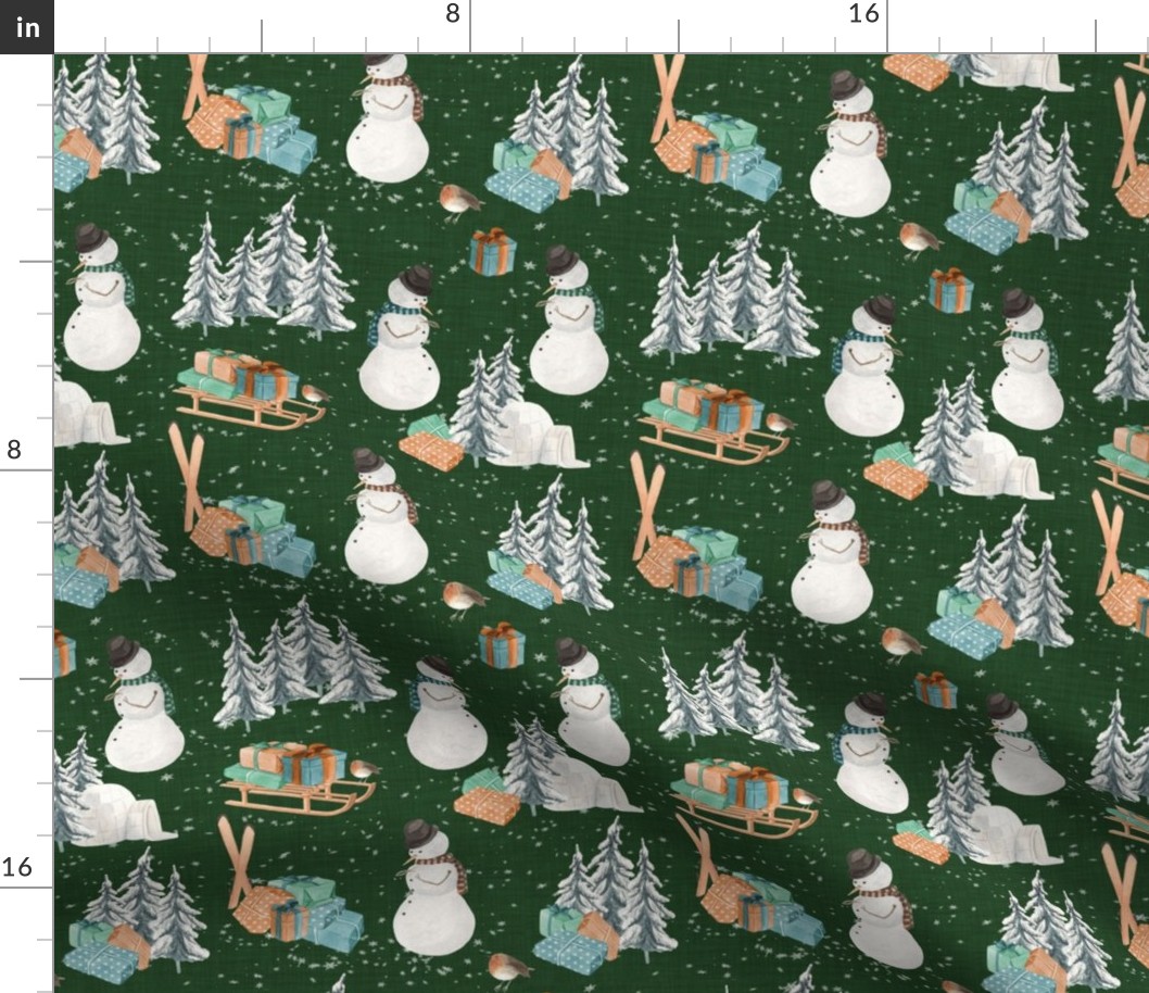 Woodland Winter Snowman // Everglade Green Linen