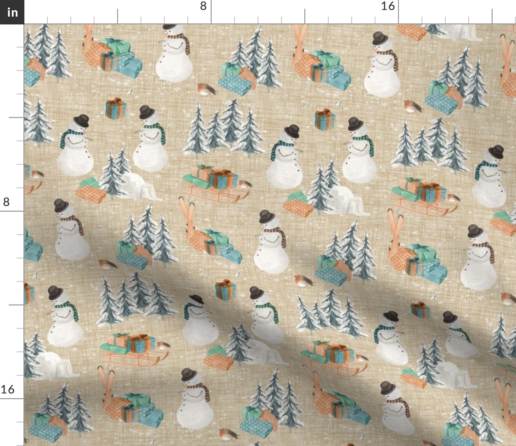 Woodland Winter Snowman // Beige Linen