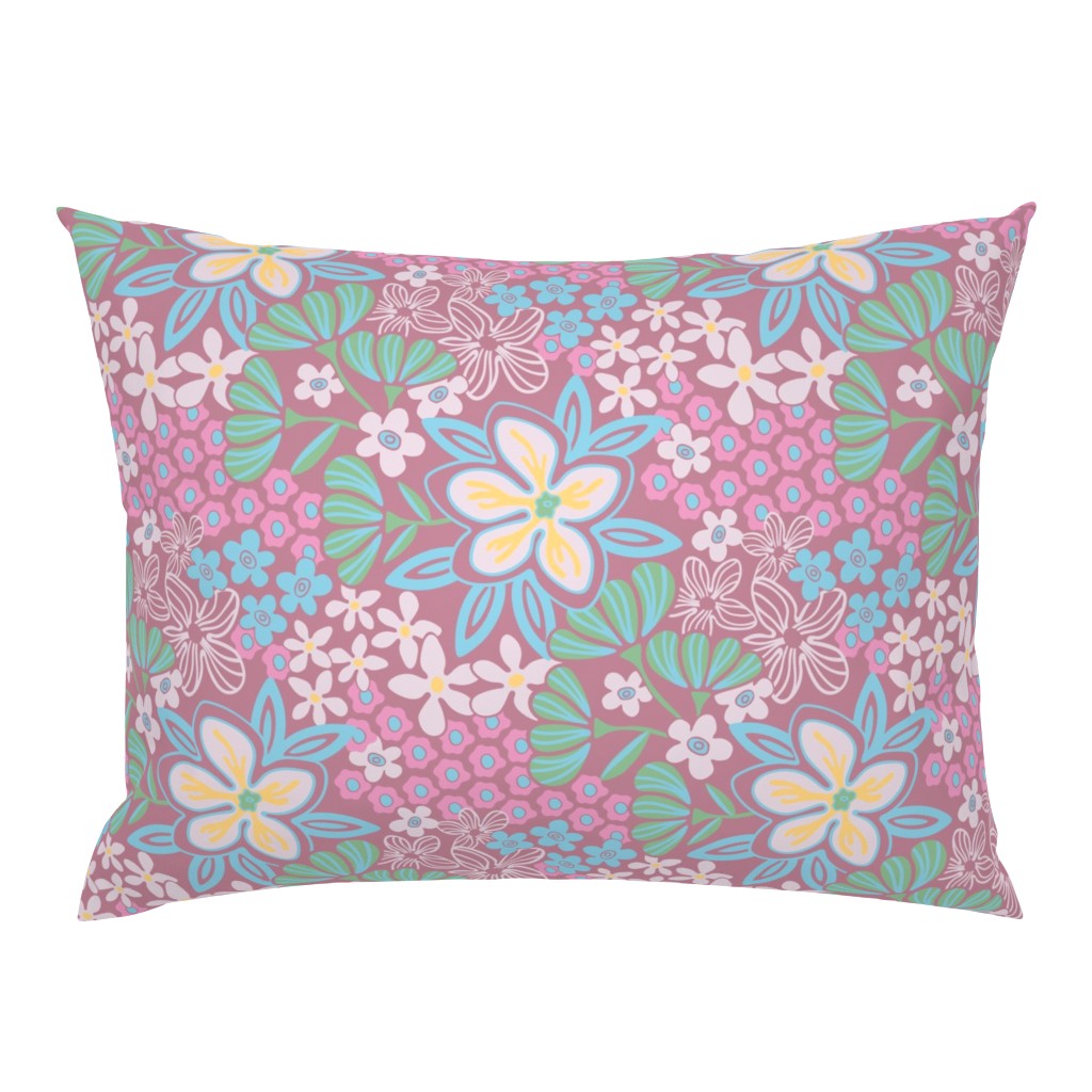 Full Bloom Garden Floral Botanical Dusky Pink Garden Blue Green White Yellow on Mauve - UnBlink Studio by Jackie Tahara