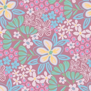 Full Bloom Garden Floral Botanical Dusky Pink Garden Blue Green White Yellow on Mauve - UnBlink Studio by Jackie Tahara