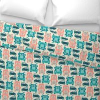 Driving Along Cute Kids Transportation Trucks Cars Buses for Vehicle Lovers in Orange Blush Green Turquoise Teal Beige on Cream - UnBlink Studio by Jackie Tahara