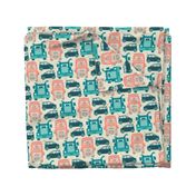 Driving Along Cute Kids Transportation Trucks Cars Buses for Vehicle Lovers in Orange Blush Green Turquoise Teal Beige on Cream - UnBlink Studio by Jackie Tahara