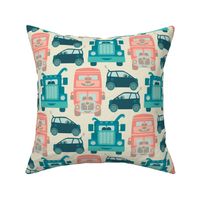 Driving Along Cute Kids Transportation Trucks Cars Buses for Vehicle Lovers in Orange Blush Green Turquoise Teal Beige on Cream - UnBlink Studio by Jackie Tahara