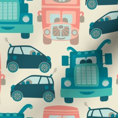 Driving Along Cute Kids Transportation Trucks Cars Buses for Vehicle Lovers in Orange Blush Green Turquoise Teal Beige on Cream - UnBlink Studio by Jackie Tahara