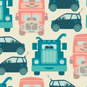 Driving Along Cute Kids Transportation Trucks Cars Buses for Vehicle Lovers in Orange Blush Green Turquoise Teal Beige on Cream - UnBlink Studio by Jackie Tahara