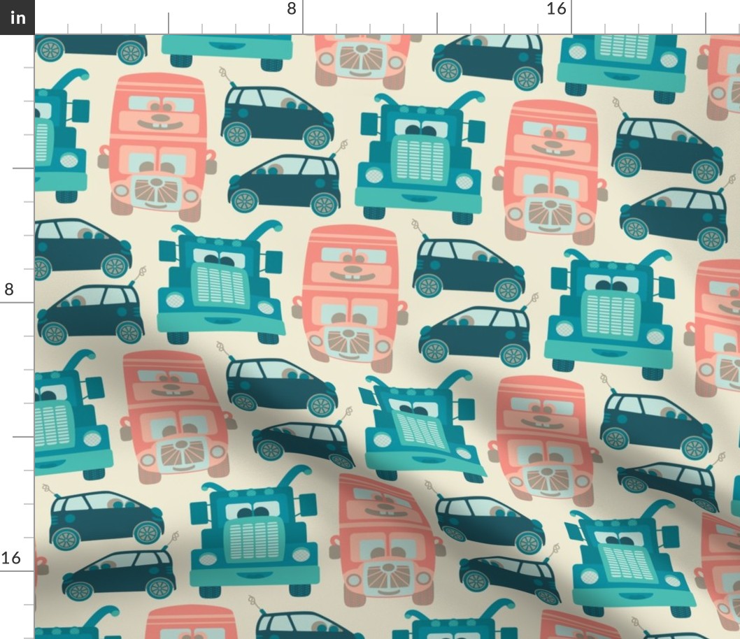 Driving Along Cute Kids Transportation Trucks Cars Buses for Vehicle Lovers in Orange Blush Green Turquoise Teal Beige on Cream - UnBlink Studio by Jackie Tahara