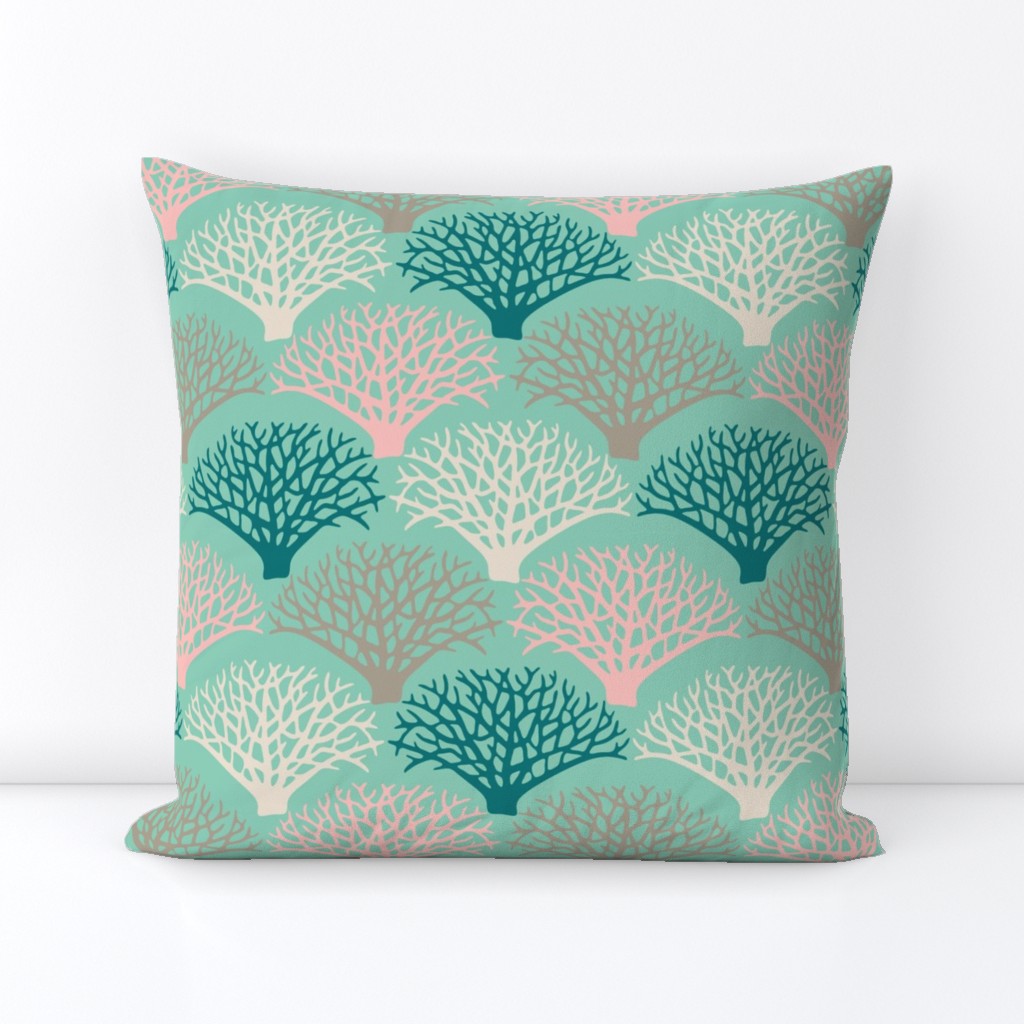 Fan Coral Coastal Ocean Sea Creatures in Teal Gray Pink White on Light Green - UnBlink Studio by Jackie Tahara