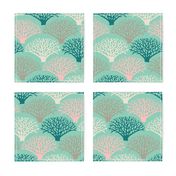 Fan Coral Coastal Ocean Sea Creatures in Teal Gray Pink White on Light Green - UnBlink Studio by Jackie Tahara