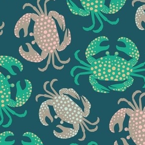 King Crabs Tossed Coastal Ocean Sea Creatures in Kelly Green Pink Beige Yellow on Teal - UnBlink Studio by Jackie Tahara