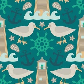 Nautical-ness Coastal Ocean Sea with Waves Lighthouse Seagull Birds Anchor Shells Ship Wheel in Kelly Green Cream Gray Teal Yellow - UnBlink Studio by Jackie Tahara