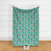 SCHOOL-O-FISH Cute Swimming Ocean Sea Fish in Coast Kelly Green Teal Beige on Light Green - MEDIUM Scale - UnBlink Studio by Jackie Tahara