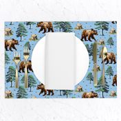 Brown Bears & Honey Bees, Wild Grizzly Bear Forest, Flying Buzzing Bee in Woods on Blue