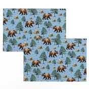 Brown Bears & Honey Bees, Wild Grizzly Bear Forest, Flying Buzzing Bee in Woods on Blue