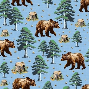 Brown Bears & Honey Bees, Wild Grizzly Bear Forest, Flying Buzzing Bee in Woods on Blue