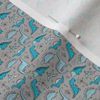  Dinosaurs in Blue on Grey 0,75 inch tiny small 