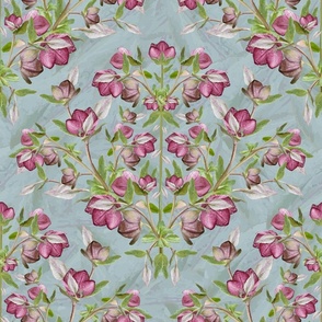 Small Pink Victorian Flowers Print, Retro Cottagecore Design, Floral Purple Hellebore Green Leaves