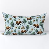 Honey Bees Wild Grizzly Bear Forest , Brown Bears Country, Flying Buzzing Bee in Woods on Blue