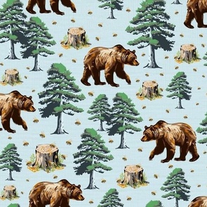 Honey Bees Wild Grizzly Bear Forest , Brown Bears Country, Flying Buzzing Bee in Woods on Blue