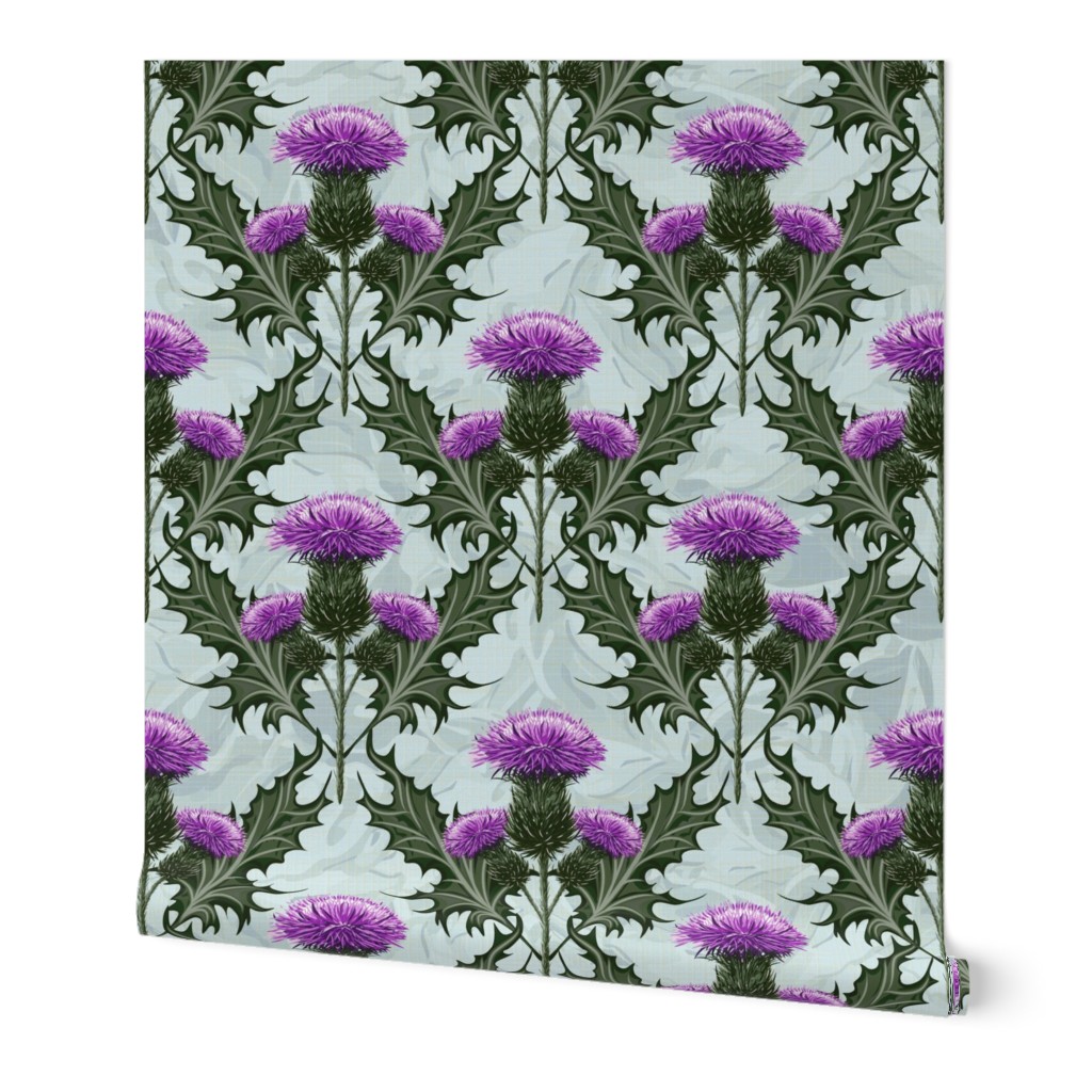 Scottish Thistles Emerald Green Leaves Thistle | Purple Thistle Painterly Pattern Light Gray Blue Texture Background | Purple Thistle Garden Weeds Thorns Native Flowers Historical Style