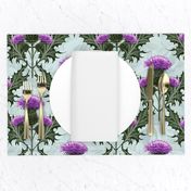 Scottish Thistles Emerald Green Leaves Thistle, Purple Thistle Painterly Pattern Light Gray Blue Texture Background, Purple Thistle Garden Weeds Thorns, Native Flowers Historical Style, Intricate Prickly Floral, Arts and Crafts Craftsmanship Style, Regal 