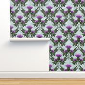 Scottish Thistles Emerald Green Leaves Thistle | Purple Thistle Painterly Pattern Light Gray Blue Texture Background | Purple Thistle Garden Weeds Thorns Native Flowers Historical Style