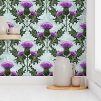 Scottish Thistles Emerald Green Leaves Thistle | Purple Thistle Painterly Pattern Light Gray Blue Texture Background | Purple Thistle Garden Weeds Thorns Native Flowers Historical Style