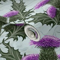 Scottish Thistles Emerald Green Leaves Thistle | Purple Thistle Painterly Pattern Light Gray Blue Texture Background | Purple Thistle Garden Weeds Thorns Native Flowers Historical Style