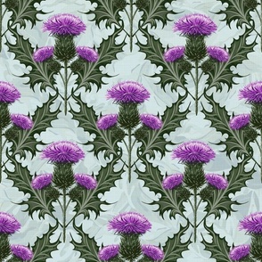 Scottish Thistles Emerald Green Leaves Thistle | Purple Thistle Painterly Pattern Light Gray Blue Texture Background | Purple Thistle Garden Weeds Thorns Native Flowers Historical Style