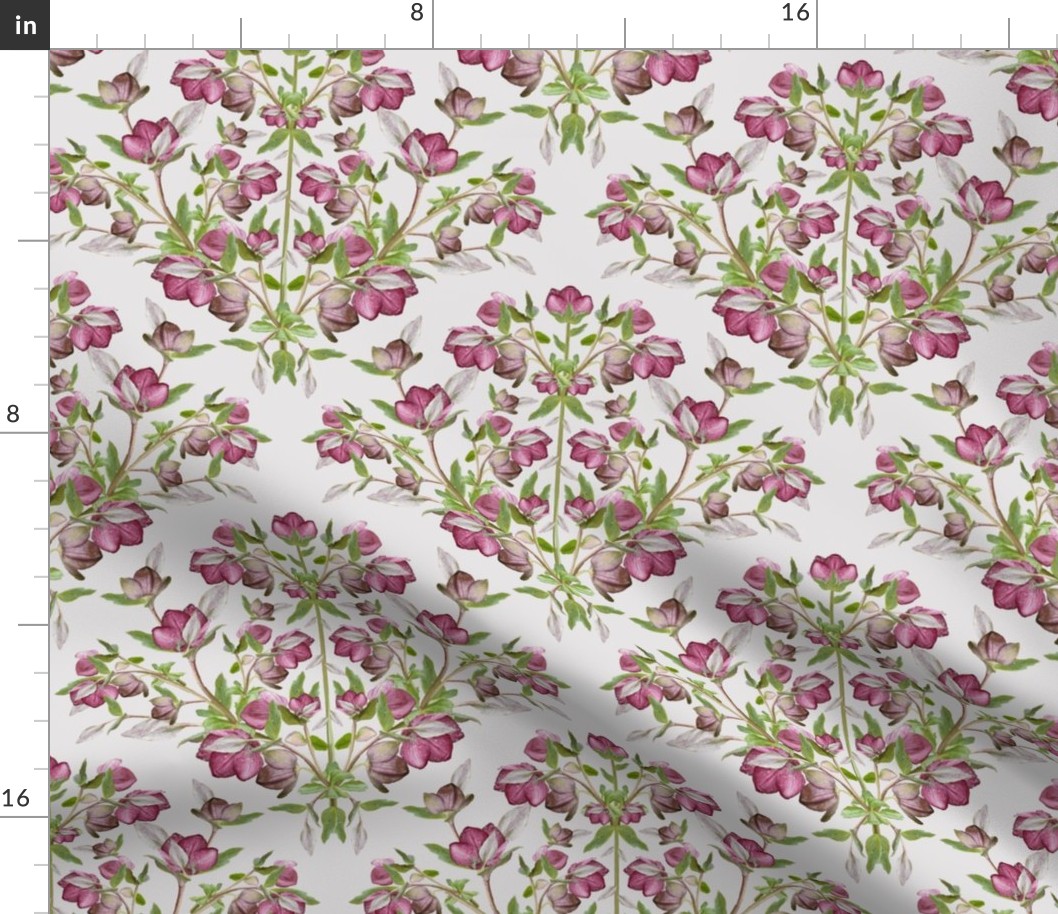 Pink Victorian Floral Print, Vintage Cottagecore Print, Purple Hellebore Flower Green Leaves