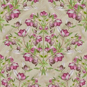 Tiny Pink Victorian Flower Print, Vintage Cottagecore Design, Floral Purple Hellebore Green Leaves
